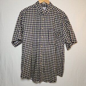 Field Gear Shirt Navy Linen Ramie Blend Geometric Quatrefoil Oversized Size M